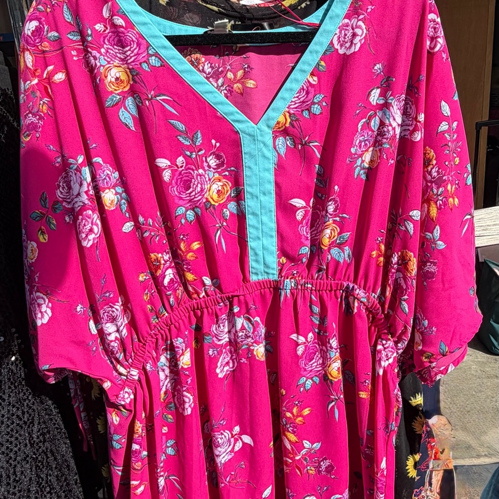 Plus Size Bright Pink Floral V-Neck Blouse with Aqua Trim by Pioneer Woman